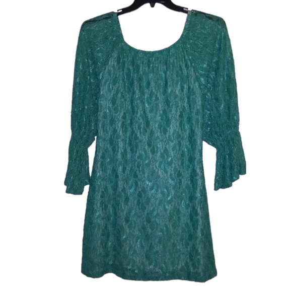 2TEE COUTURE Size Large Lace Dress Mint Green With Sheer Bell Sleeves Tunic - Picture 5 of 12